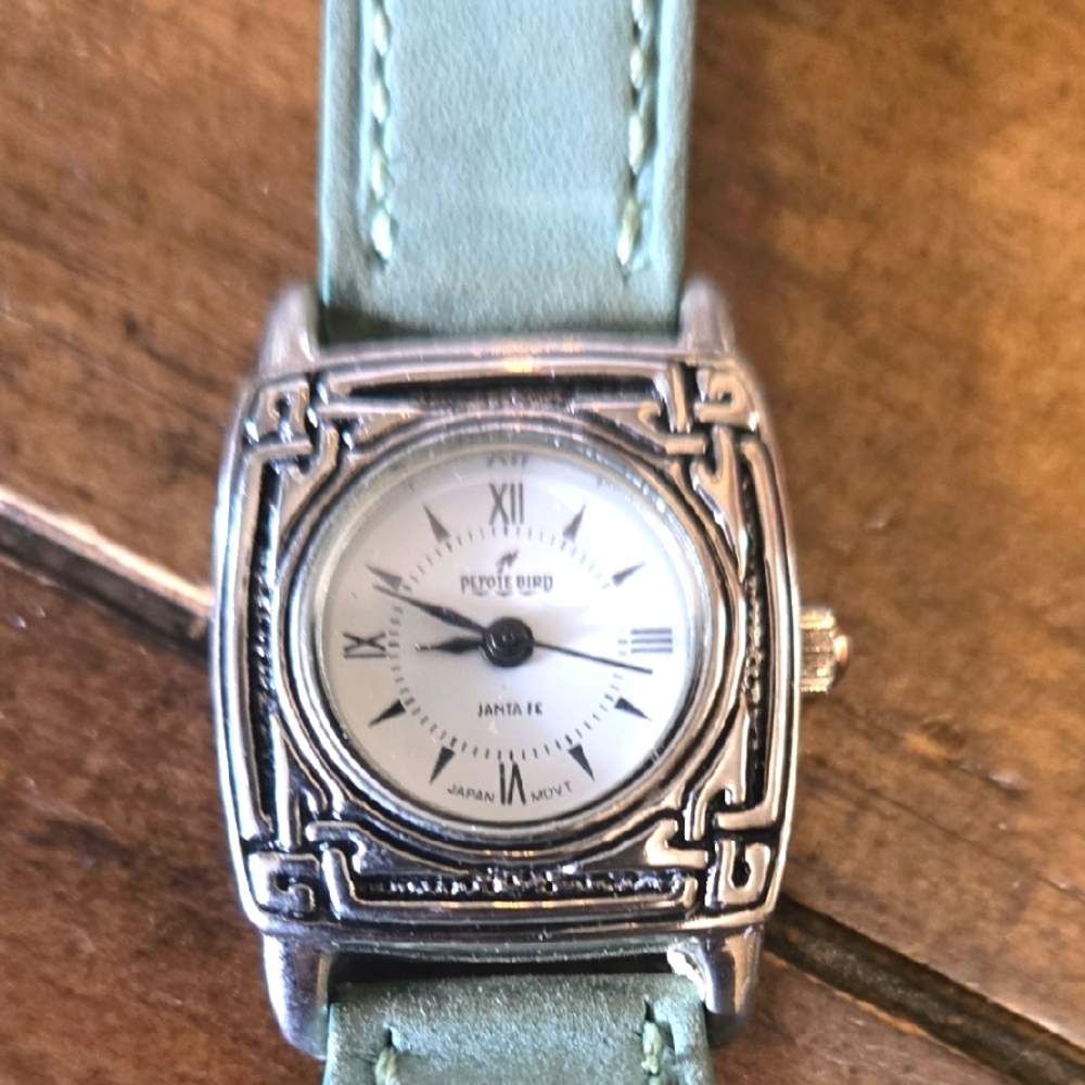PEYOTE BIRD Square Silver Watch with Green Strap